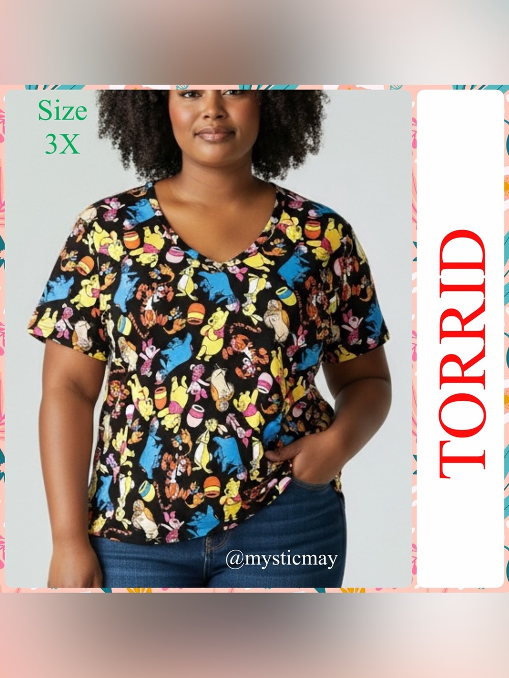 New Disney TORRID Black WINNIE THE POOH Print V Neck Soft Tee Shirt Plus Size 3X